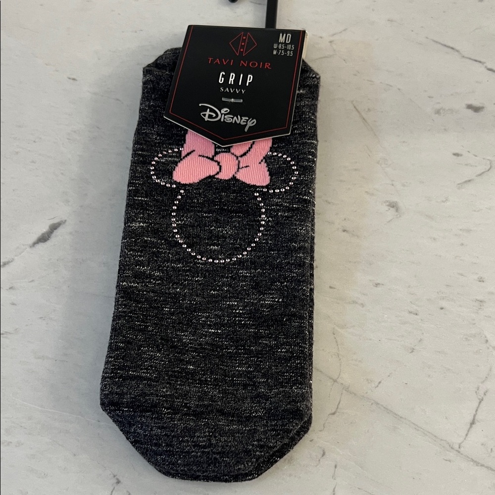 Disney Gray Minnie Grip Socks with Pink Bow Design